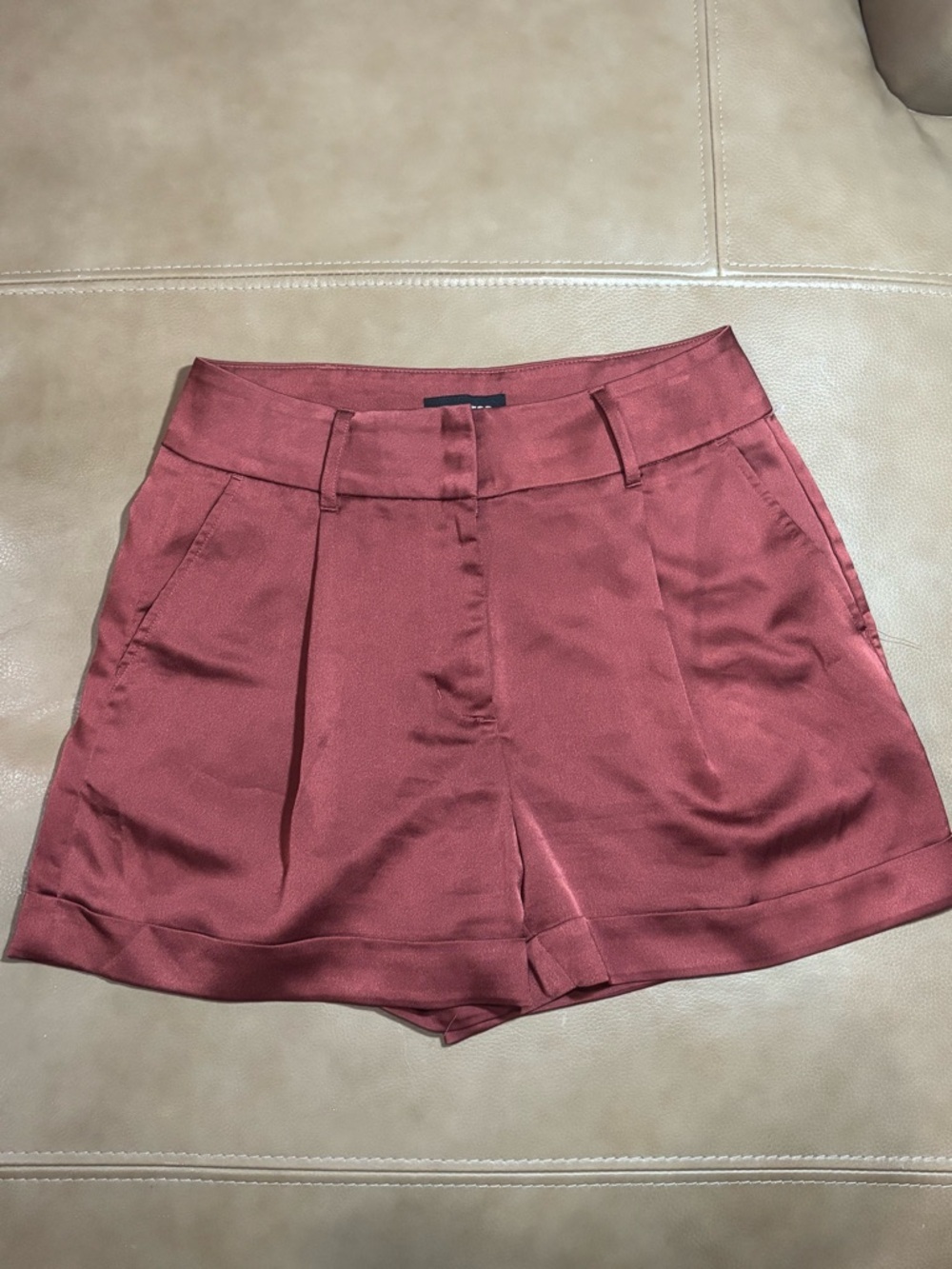 Express Satin maroon High waisted Cuffed bold 3 inch Shorts - Picture 2 of 5